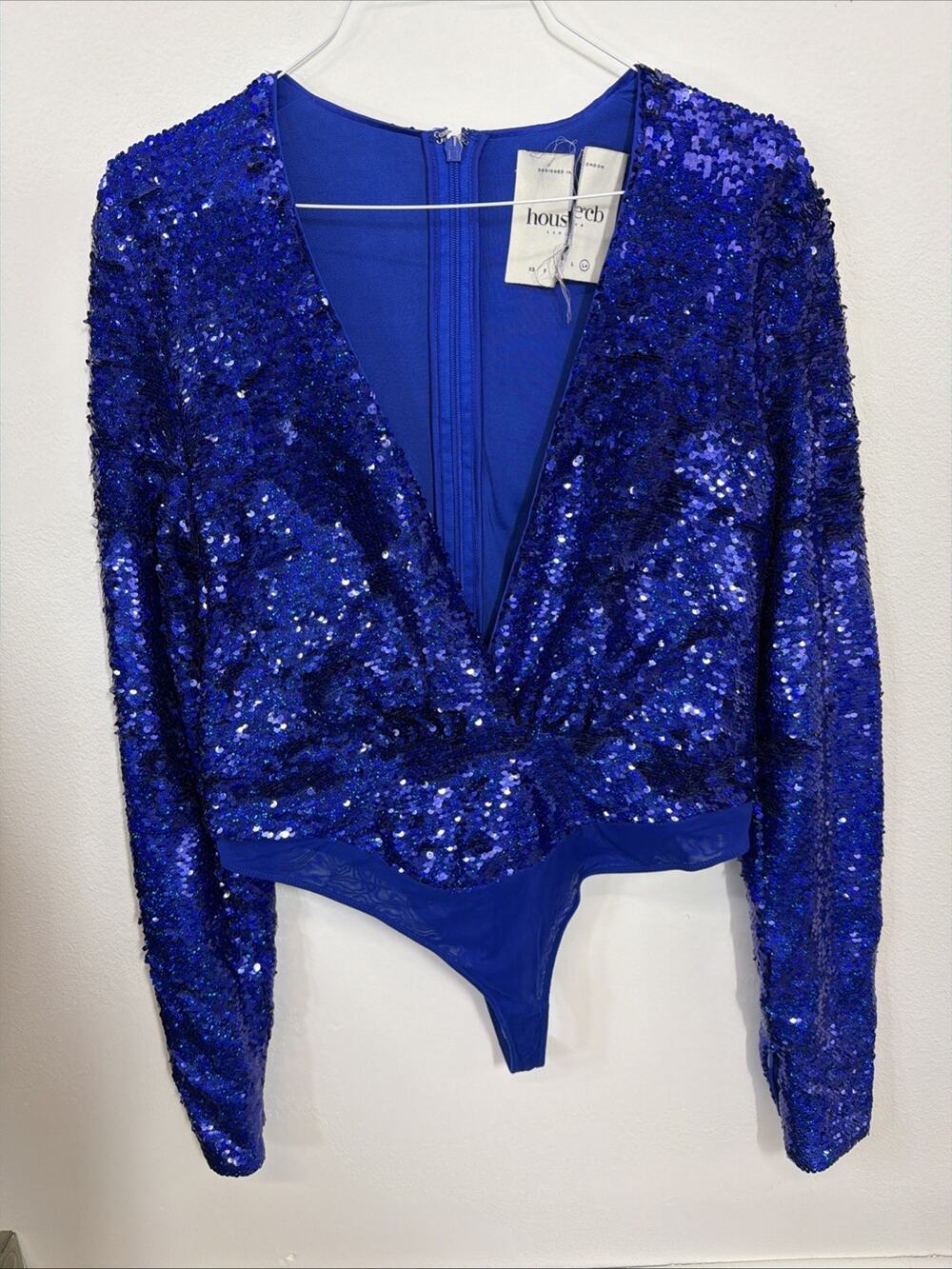 House of CB London Blue Sequin Bodysuit Julissa Large L Plunge Party Clubwear
